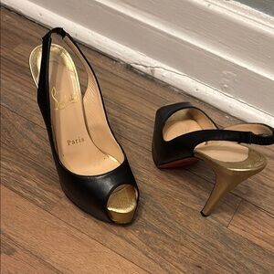 Christian Louboutin Black and Gold Peep-Toe Heels